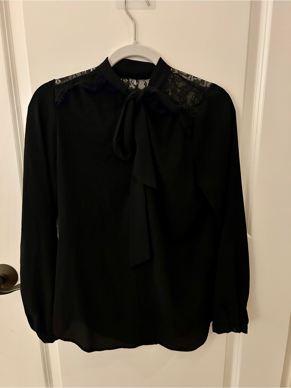 Tie-Neck Lace Shoulder Blouse - Gray - Picture 2 of 4